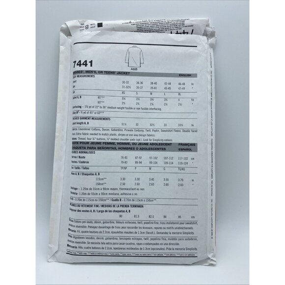 Simplicity 7441 Uncut Sewing Pattern Misses’, Men’s Teens’ Jacket or Coat XS-XL - Picture 2 of 4
